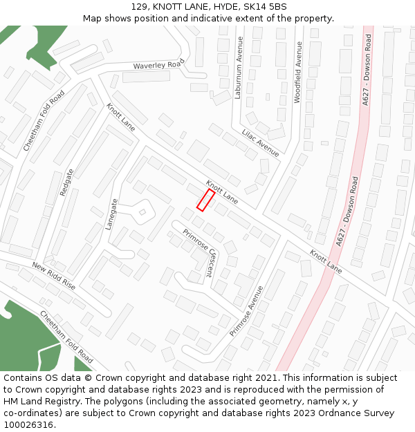 129, KNOTT LANE, HYDE, SK14 5BS: Location map and indicative extent of plot