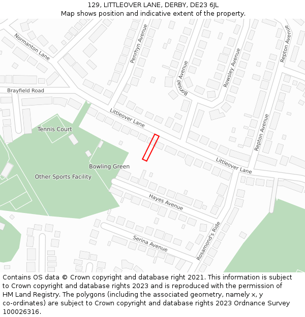 129, LITTLEOVER LANE, DERBY, DE23 6JL: Location map and indicative extent of plot