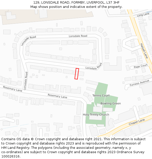 129, LONSDALE ROAD, FORMBY, LIVERPOOL, L37 3HF: Location map and indicative extent of plot