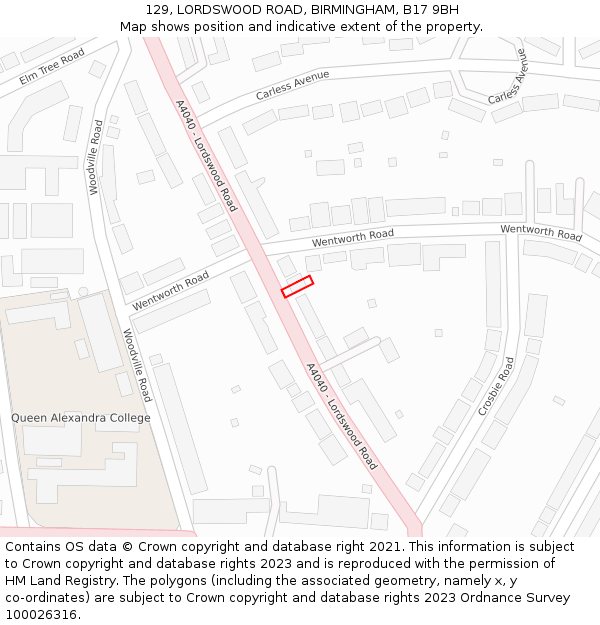 129, LORDSWOOD ROAD, BIRMINGHAM, B17 9BH: Location map and indicative extent of plot