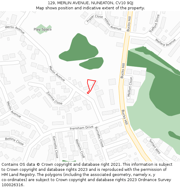 129, MERLIN AVENUE, NUNEATON, CV10 9QJ: Location map and indicative extent of plot