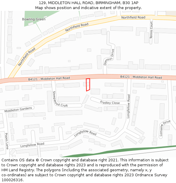 129, MIDDLETON HALL ROAD, BIRMINGHAM, B30 1AP: Location map and indicative extent of plot