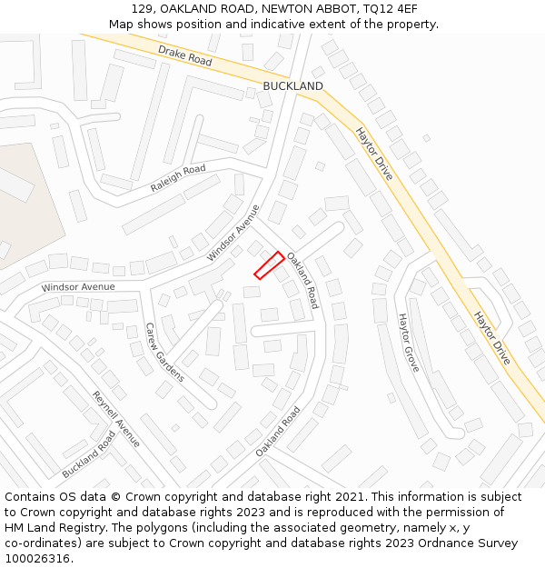 129, OAKLAND ROAD, NEWTON ABBOT, TQ12 4EF: Location map and indicative extent of plot