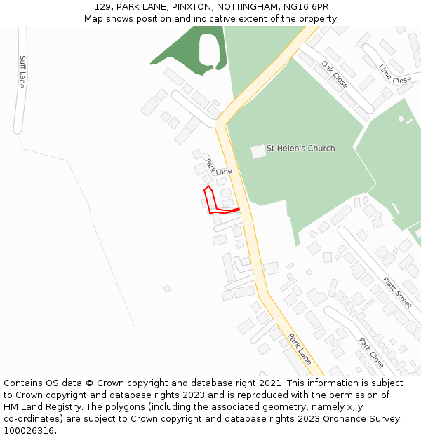 129, PARK LANE, PINXTON, NOTTINGHAM, NG16 6PR: Location map and indicative extent of plot