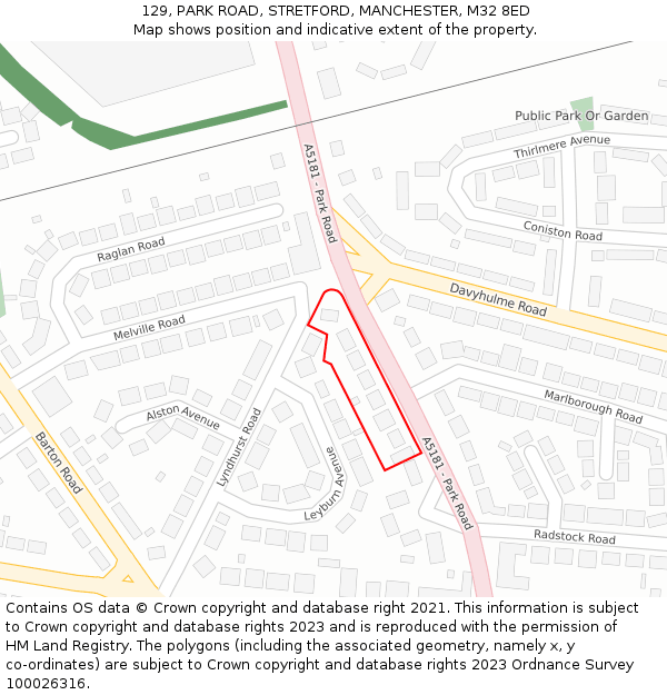 129, PARK ROAD, STRETFORD, MANCHESTER, M32 8ED: Location map and indicative extent of plot