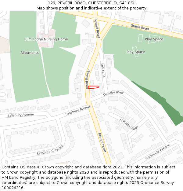 129, PEVERIL ROAD, CHESTERFIELD, S41 8SH: Location map and indicative extent of plot