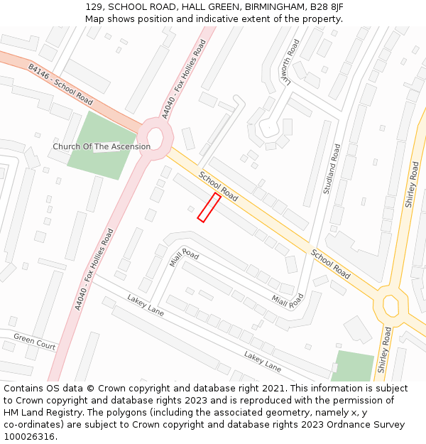 129, SCHOOL ROAD, HALL GREEN, BIRMINGHAM, B28 8JF: Location map and indicative extent of plot