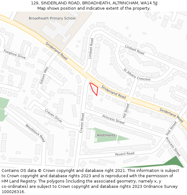 129, SINDERLAND ROAD, BROADHEATH, ALTRINCHAM, WA14 5JJ: Location map and indicative extent of plot