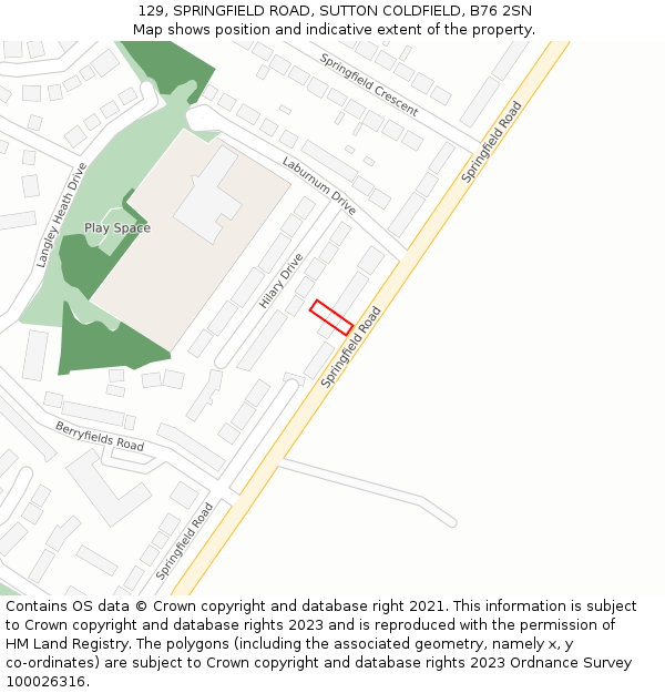 129, SPRINGFIELD ROAD, SUTTON COLDFIELD, B76 2SN: Location map and indicative extent of plot