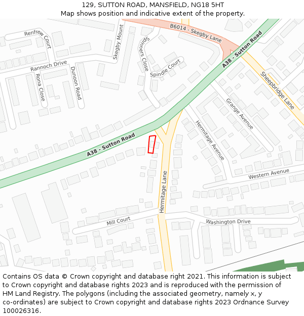 129, SUTTON ROAD, MANSFIELD, NG18 5HT: Location map and indicative extent of plot