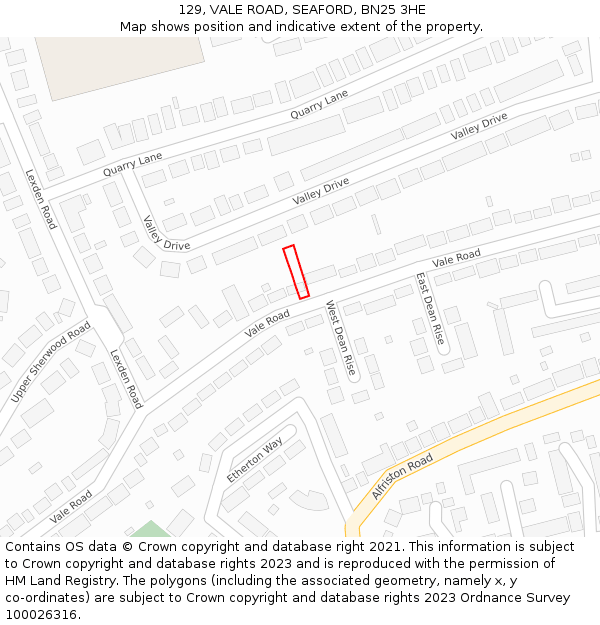 129, VALE ROAD, SEAFORD, BN25 3HE: Location map and indicative extent of plot