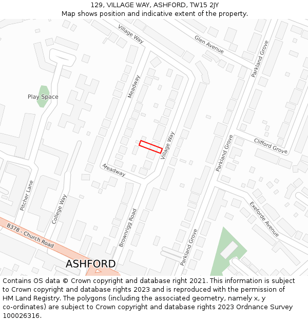 129, VILLAGE WAY, ASHFORD, TW15 2JY: Location map and indicative extent of plot