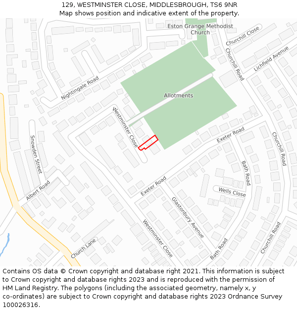 129, WESTMINSTER CLOSE, MIDDLESBROUGH, TS6 9NR: Location map and indicative extent of plot