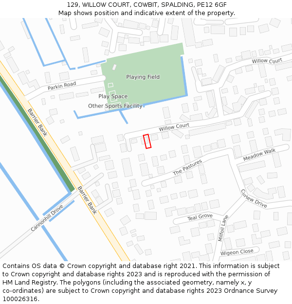 129, WILLOW COURT, COWBIT, SPALDING, PE12 6GF: Location map and indicative extent of plot