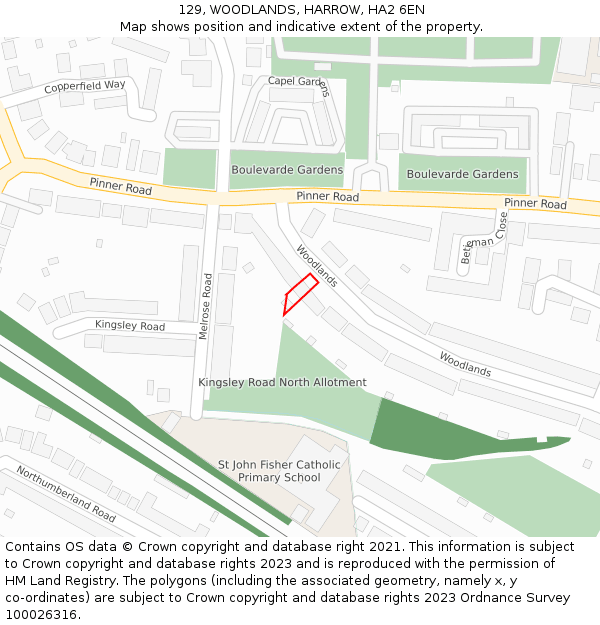 129, WOODLANDS, HARROW, HA2 6EN: Location map and indicative extent of plot