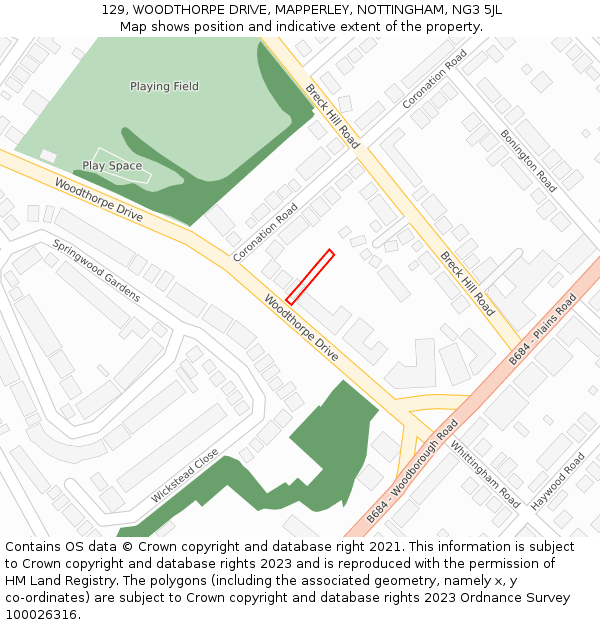 129, WOODTHORPE DRIVE, MAPPERLEY, NOTTINGHAM, NG3 5JL: Location map and indicative extent of plot