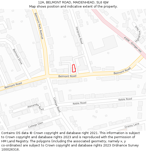 12A, BELMONT ROAD, MAIDENHEAD, SL6 6JW: Location map and indicative extent of plot