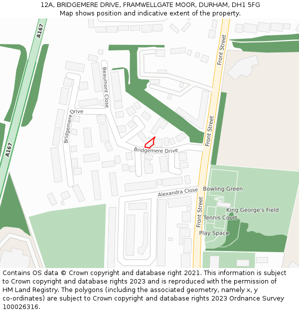 12A, BRIDGEMERE DRIVE, FRAMWELLGATE MOOR, DURHAM, DH1 5FG: Location map and indicative extent of plot