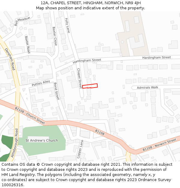12A, CHAPEL STREET, HINGHAM, NORWICH, NR9 4JH: Location map and indicative extent of plot