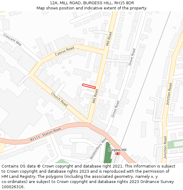 12A, MILL ROAD, BURGESS HILL, RH15 8DR: Location map and indicative extent of plot