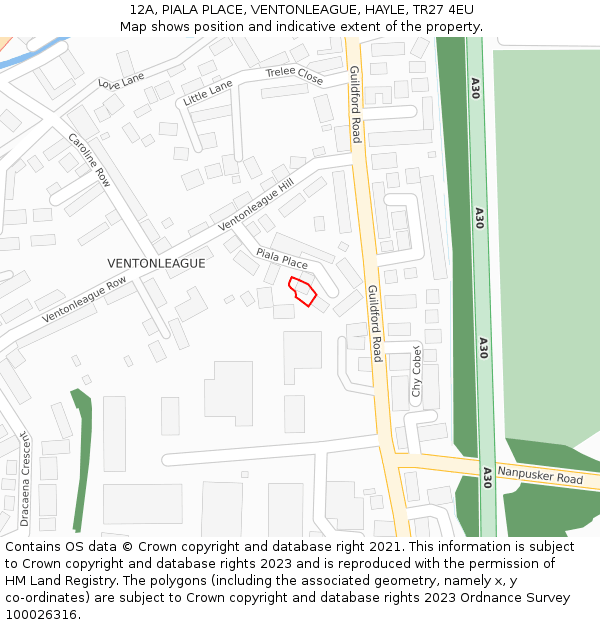 12A, PIALA PLACE, VENTONLEAGUE, HAYLE, TR27 4EU: Location map and indicative extent of plot