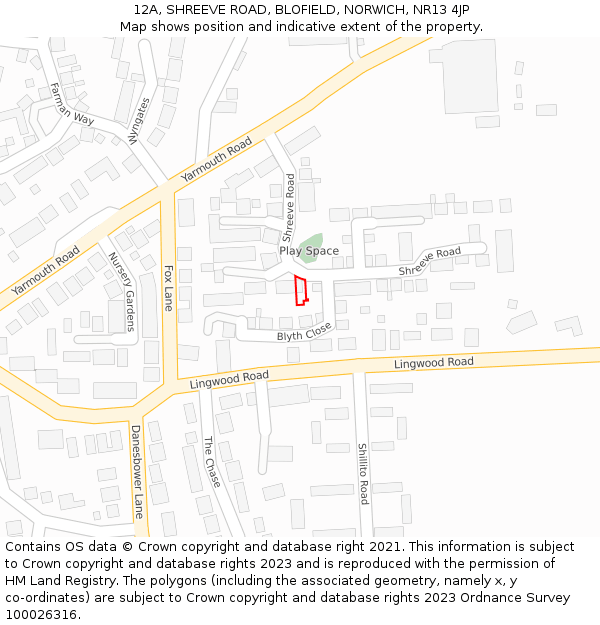 12A, SHREEVE ROAD, BLOFIELD, NORWICH, NR13 4JP: Location map and indicative extent of plot