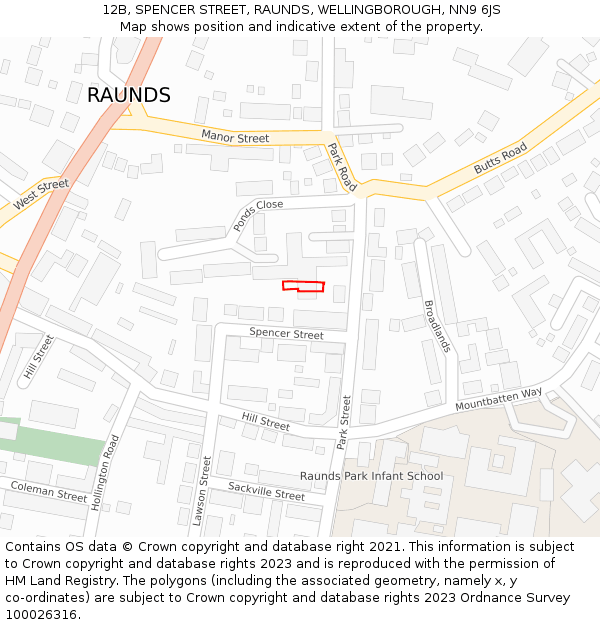 12B, SPENCER STREET, RAUNDS, WELLINGBOROUGH, NN9 6JS: Location map and indicative extent of plot