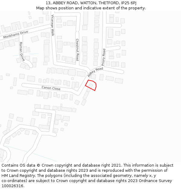 13, ABBEY ROAD, WATTON, THETFORD, IP25 6PJ: Location map and indicative extent of plot