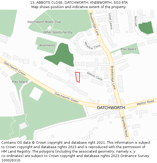 13, ABBOTS CLOSE, DATCHWORTH, KNEBWORTH, SG3 6TA: Location map and indicative extent of plot