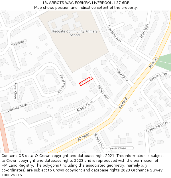 13, ABBOTS WAY, FORMBY, LIVERPOOL, L37 6DR: Location map and indicative extent of plot