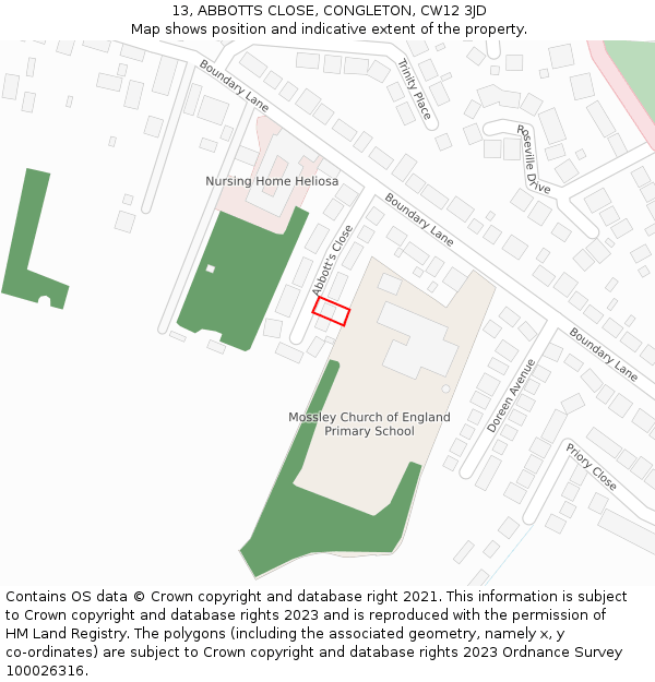 13, ABBOTTS CLOSE, CONGLETON, CW12 3JD: Location map and indicative extent of plot