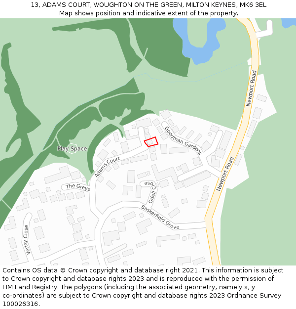 13, ADAMS COURT, WOUGHTON ON THE GREEN, MILTON KEYNES, MK6 3EL: Location map and indicative extent of plot