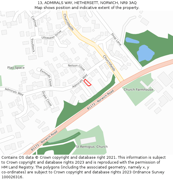 13, ADMIRALS WAY, HETHERSETT, NORWICH, NR9 3AQ: Location map and indicative extent of plot