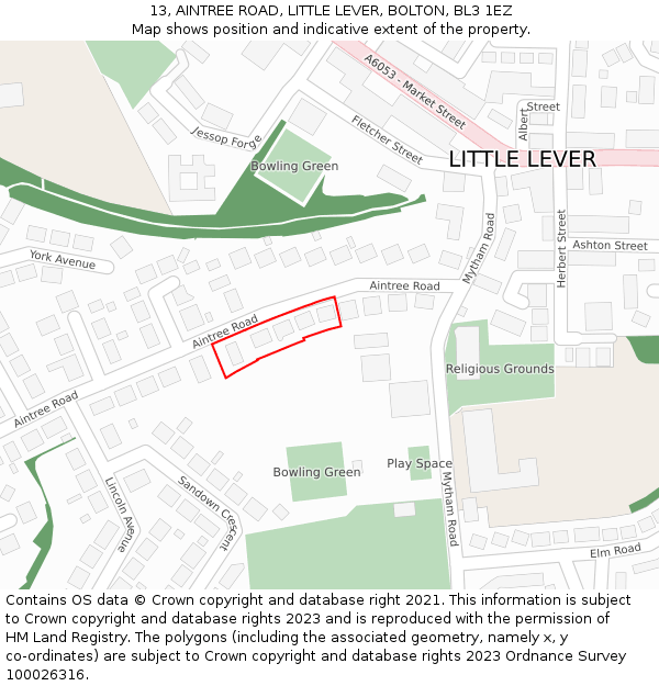 13, AINTREE ROAD, LITTLE LEVER, BOLTON, BL3 1EZ: Location map and indicative extent of plot