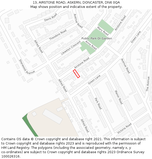 13, AIRSTONE ROAD, ASKERN, DONCASTER, DN6 0QA: Location map and indicative extent of plot