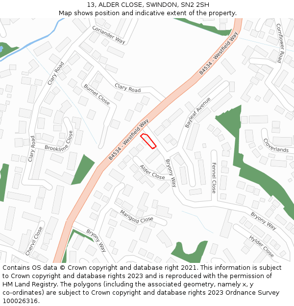 13, ALDER CLOSE, SWINDON, SN2 2SH: Location map and indicative extent of plot