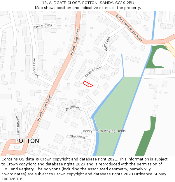 13, ALDGATE CLOSE, POTTON, SANDY, SG19 2RU: Location map and indicative extent of plot