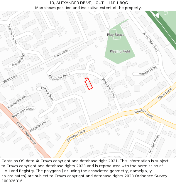 13, ALEXANDER DRIVE, LOUTH, LN11 8QG: Location map and indicative extent of plot