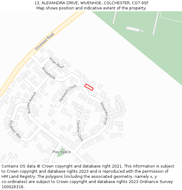 13, ALEXANDRA DRIVE, WIVENHOE, COLCHESTER, CO7 9SF: Location map and indicative extent of plot