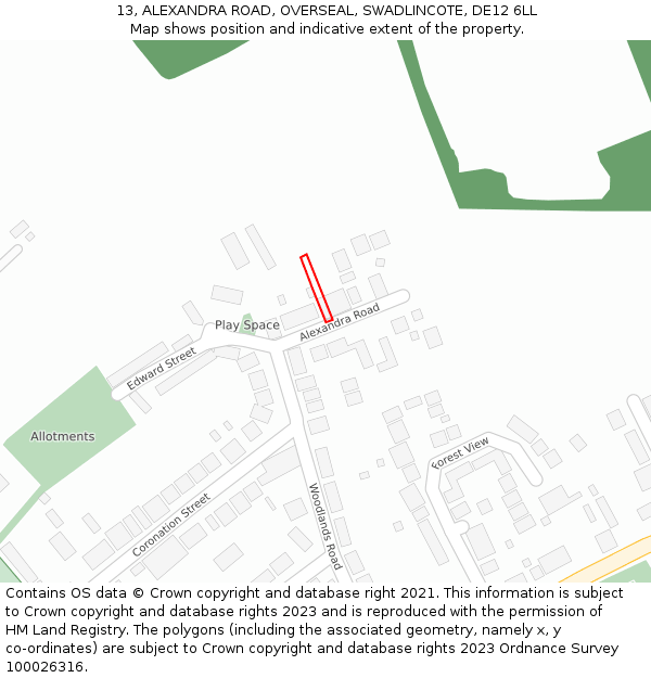 13, ALEXANDRA ROAD, OVERSEAL, SWADLINCOTE, DE12 6LL: Location map and indicative extent of plot