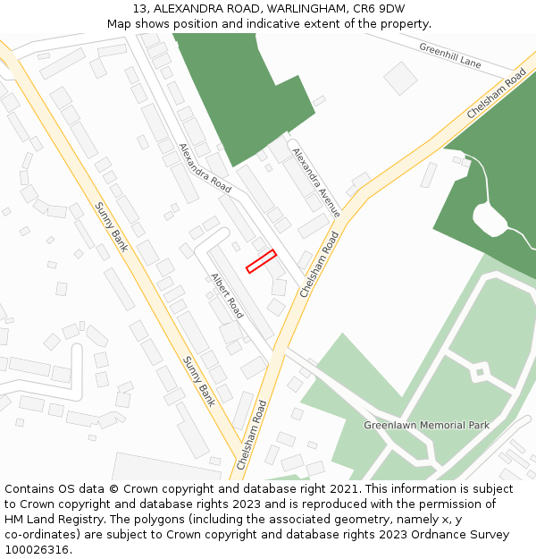 13, ALEXANDRA ROAD, WARLINGHAM, CR6 9DW: Location map and indicative extent of plot