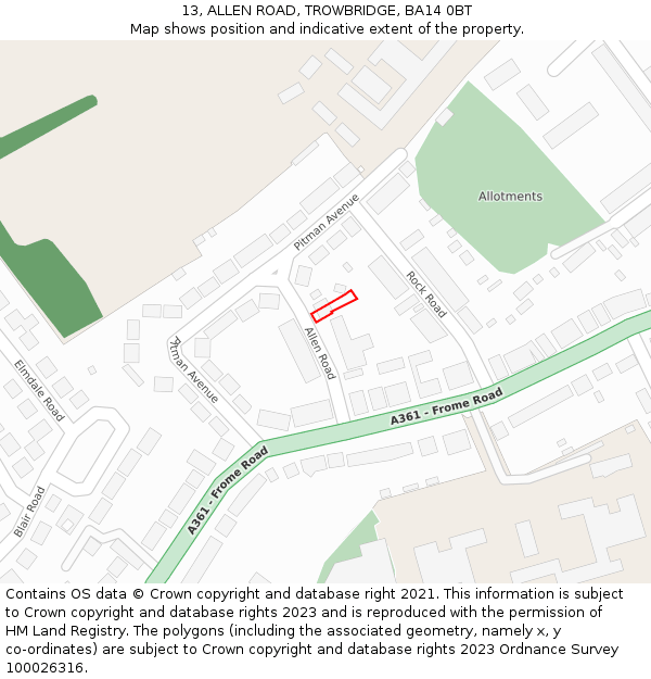 13, ALLEN ROAD, TROWBRIDGE, BA14 0BT: Location map and indicative extent of plot