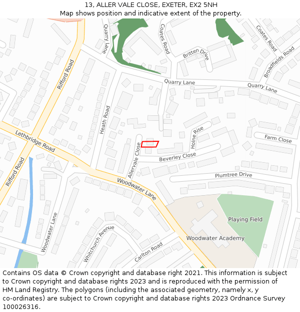 13, ALLER VALE CLOSE, EXETER, EX2 5NH: Location map and indicative extent of plot