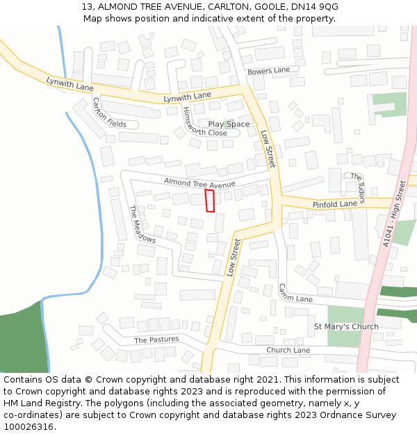 13, ALMOND TREE AVENUE, CARLTON, GOOLE, DN14 9QG: Location map and indicative extent of plot