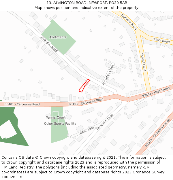 13, ALVINGTON ROAD, NEWPORT, PO30 5AR: Location map and indicative extent of plot
