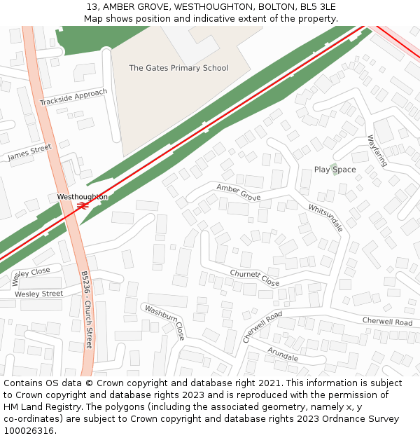 13, AMBER GROVE, WESTHOUGHTON, BOLTON, BL5 3LE: Location map and indicative extent of plot