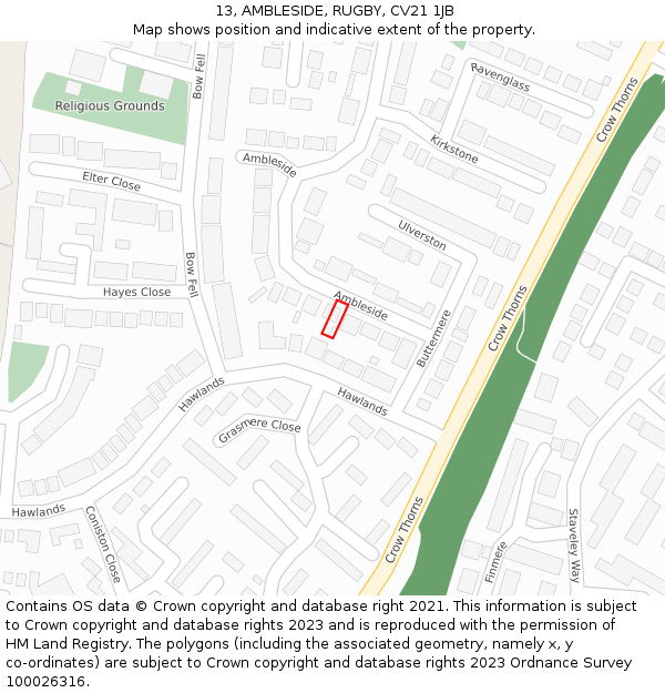 13, AMBLESIDE, RUGBY, CV21 1JB: Location map and indicative extent of plot