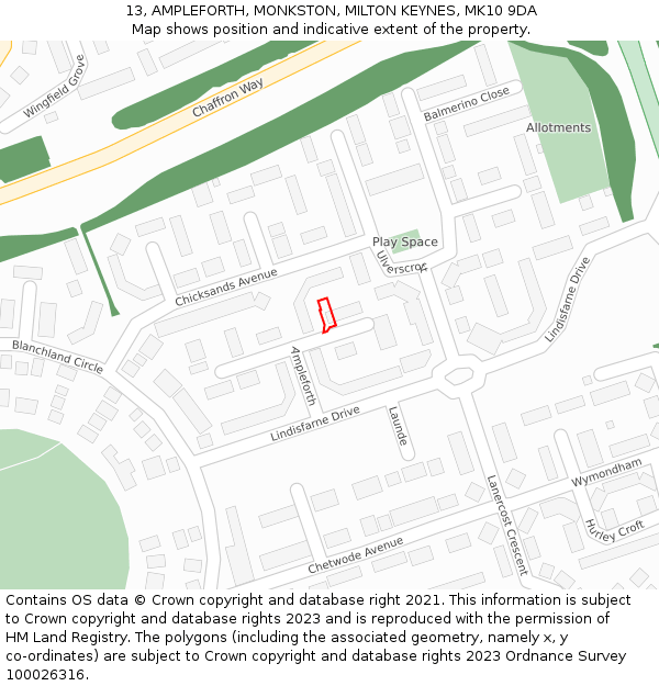 13, AMPLEFORTH, MONKSTON, MILTON KEYNES, MK10 9DA: Location map and indicative extent of plot