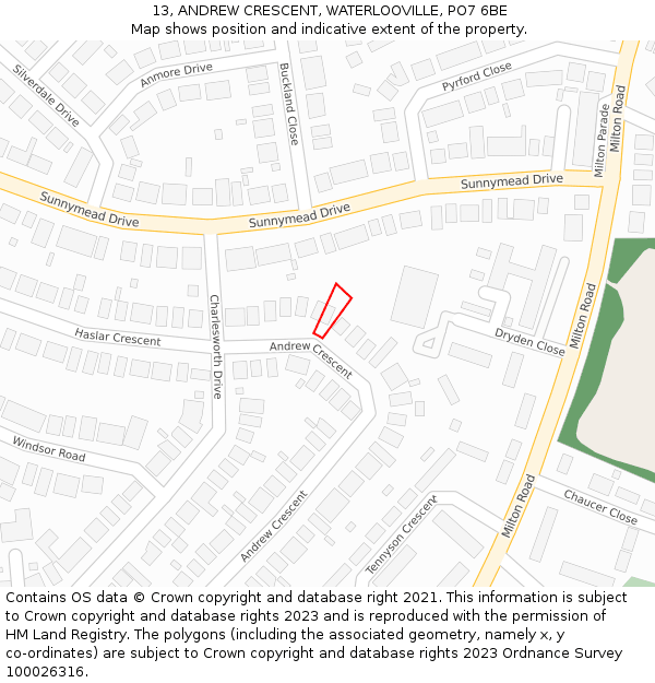 13, ANDREW CRESCENT, WATERLOOVILLE, PO7 6BE: Location map and indicative extent of plot