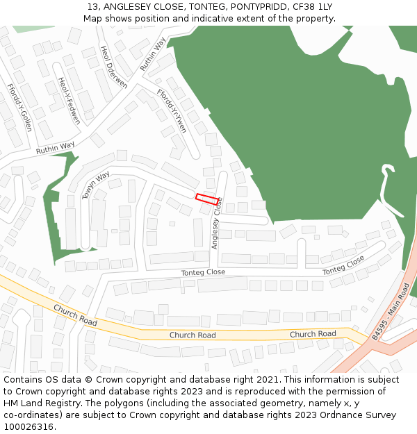 13, ANGLESEY CLOSE, TONTEG, PONTYPRIDD, CF38 1LY: Location map and indicative extent of plot